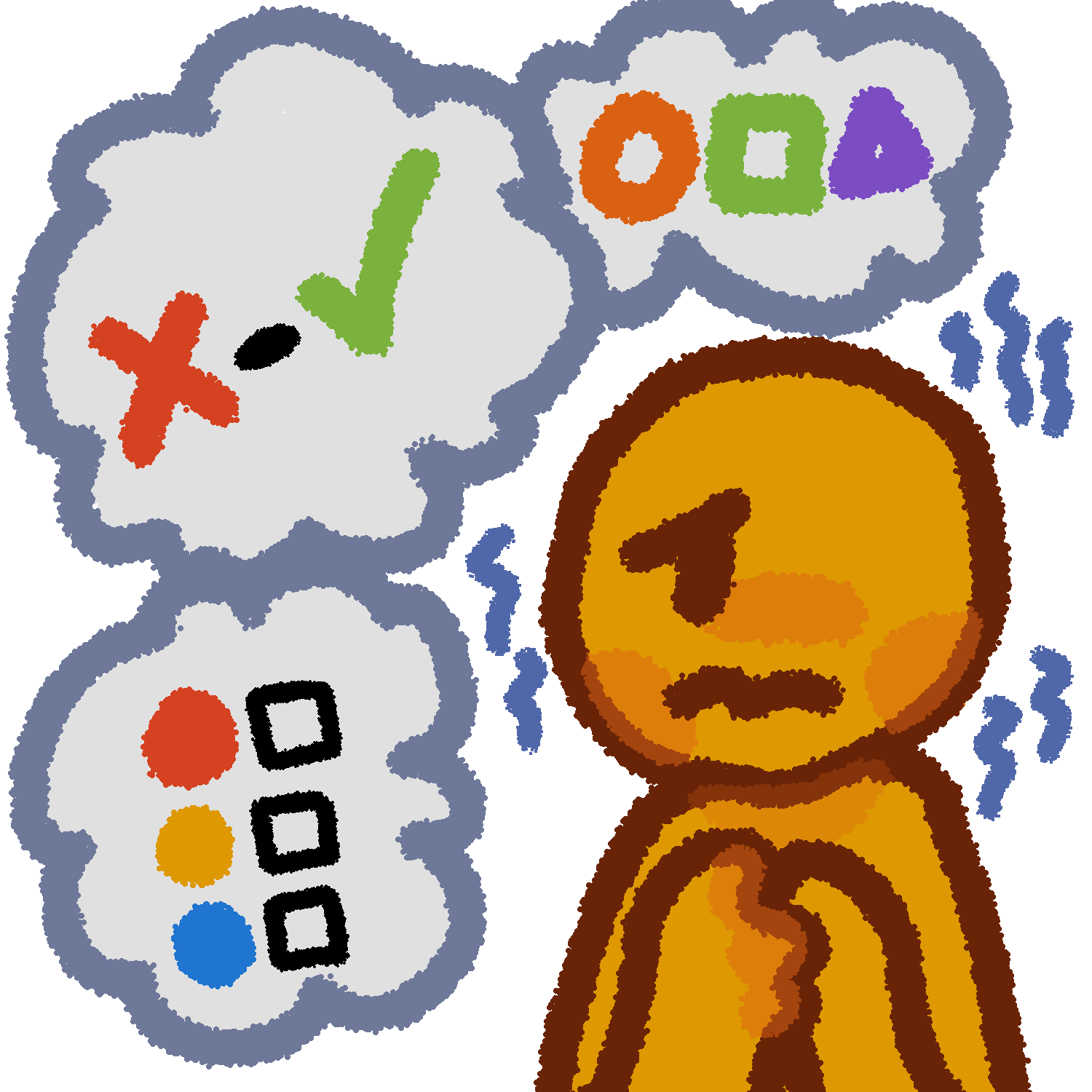 an upset looking yellow person with blue squiggles around them to show stress. they have 3 thought bubbles showing choices as different colors (red, yellow, and blue) next to empty boxes, a red X and a green check, or three different shapes (an orange circle, a green square, and a purple triangle)